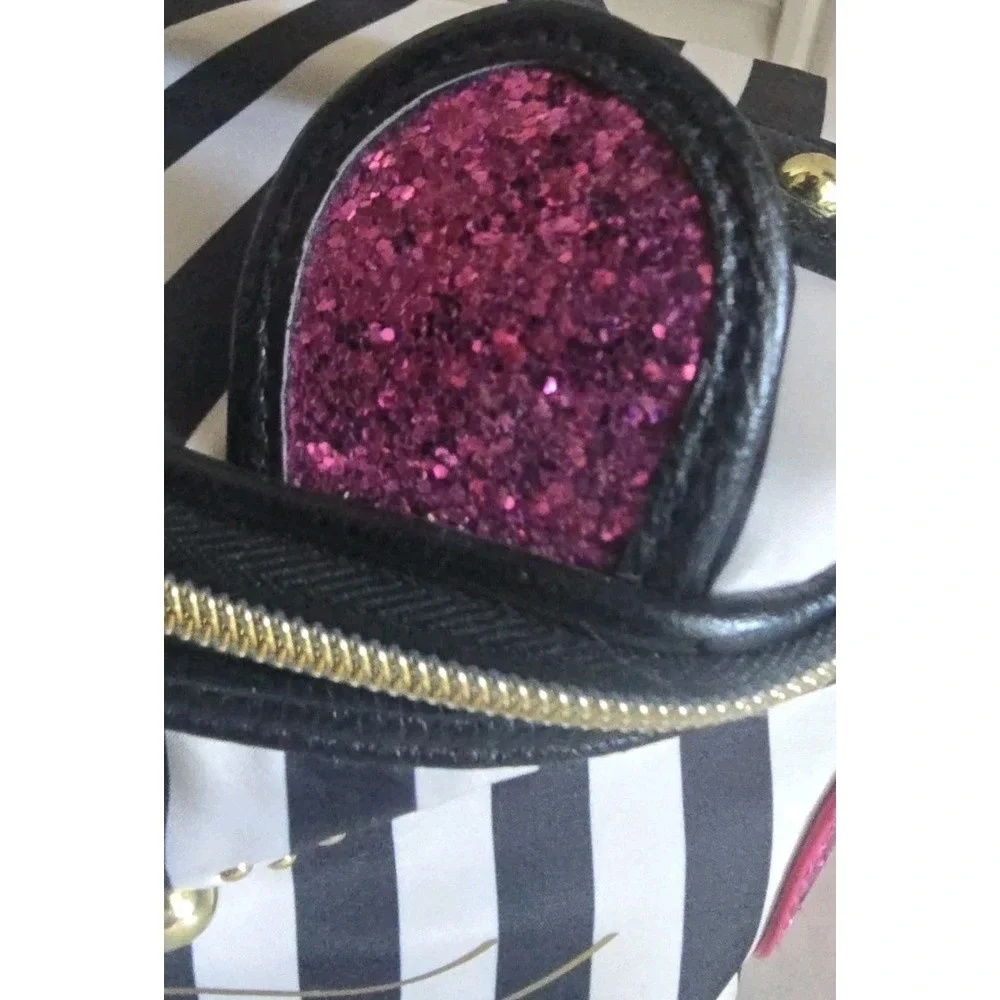 Betsey Johnson Stripe Cat Makeup Bag Pink Glitter Ears Train Case Cosmetic Pouch